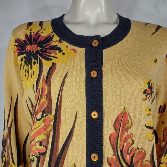 Bob Mackie yellow orange brown floral button front cardigan sweater ladies Large - Picture 2 of 7